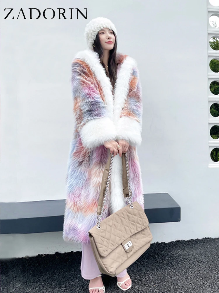 

ZADORIN Fantasy Colored Women Hooded Long Faux Fur Coat Luxury Loose Pink Fluffy Y2K Faux Fur Jacket For Women Winter Outerwear