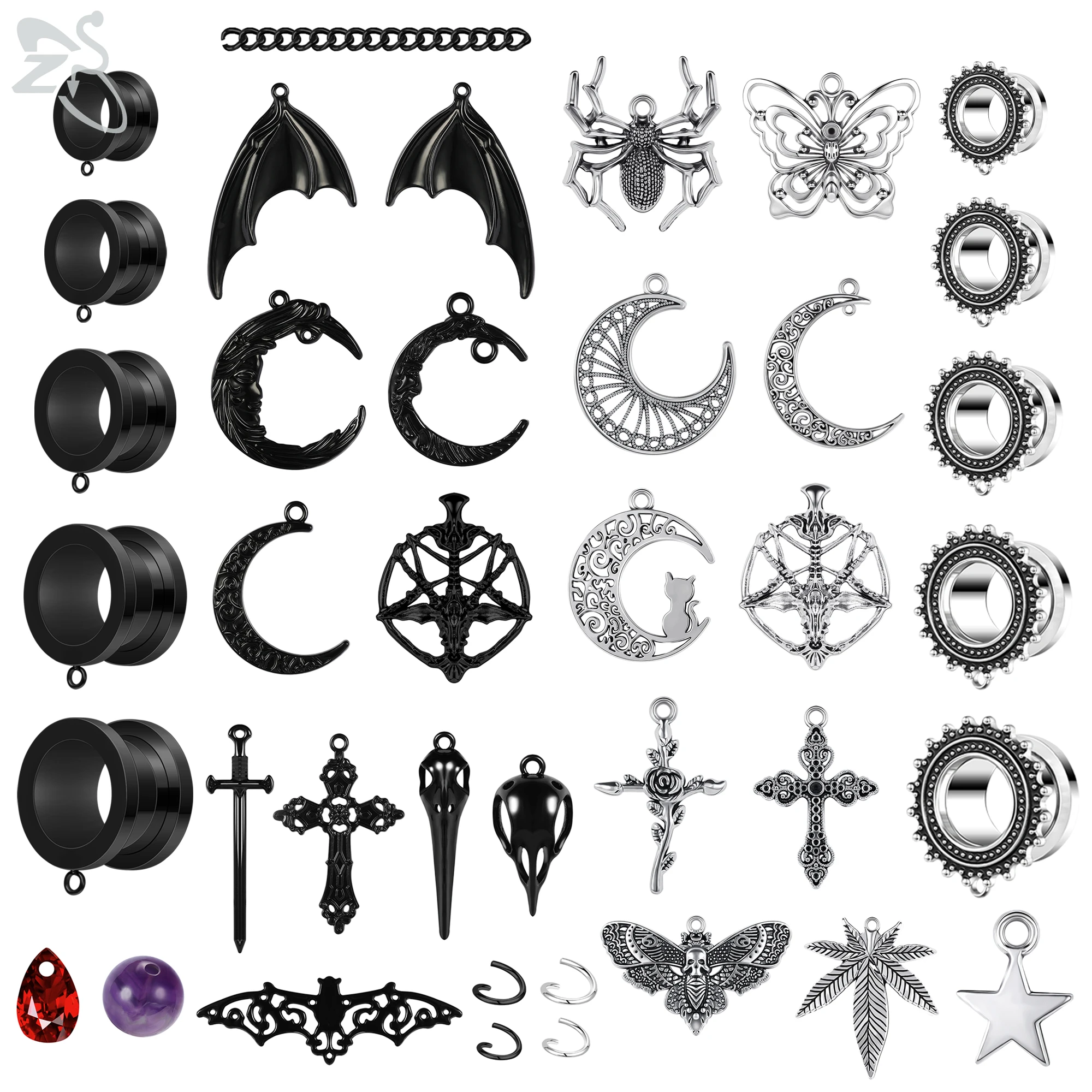 

ZS 1 Set Punk Stainless Steel Tunnel And Plug Men Women Cross Bat Wings Pendant Ear Taper 5-12MM Flesh Stretching Kit Ear Gauges