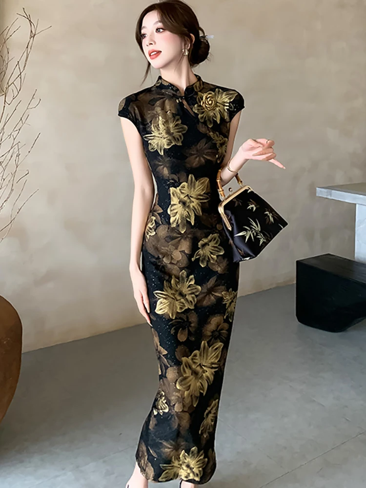 Summer Black Jacquard Floral Casual Long Dress Women Short Sleeve Hip Wrap Bodycon Dress 2025 Korean Vintage Elegant Party Dress