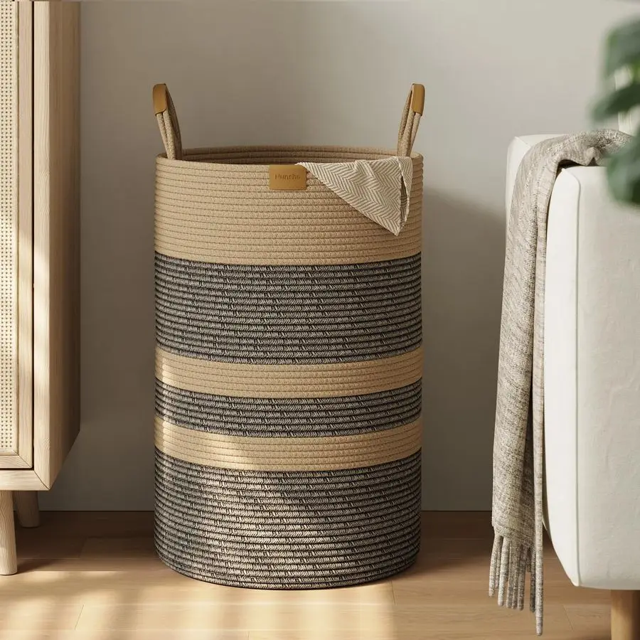 

Striped Laundry Hamper with Leather Handles,Large Foldable Laundry Basket for Clothes,Cotton Rope Storage Bin for Blankets,Woven