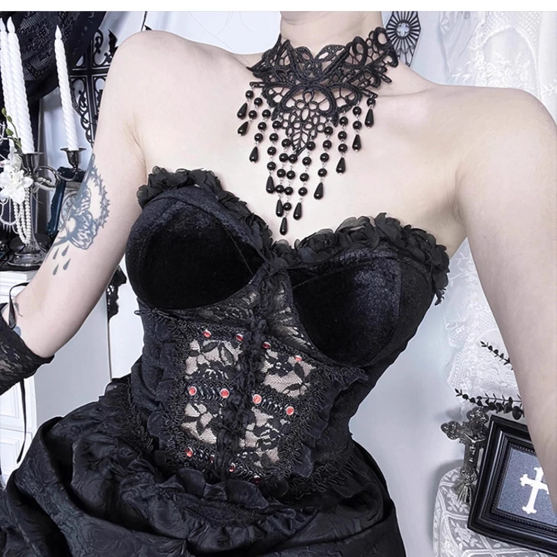 2025 Autumn New Halloween Gothic Dark Women's Tube Top Original Design Sexy Lace Hollow Out Hot Girl Long Dresses Sets Ladies