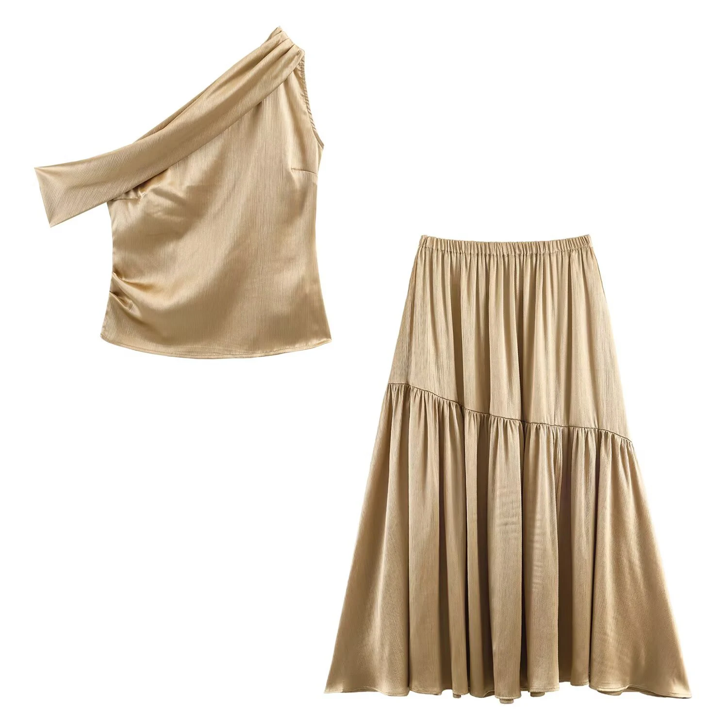 

Новый женский комплект одежды в европейском и американском стиле: модный, простой, элегантный топ с асимметричным вырезом и юбка-миди.