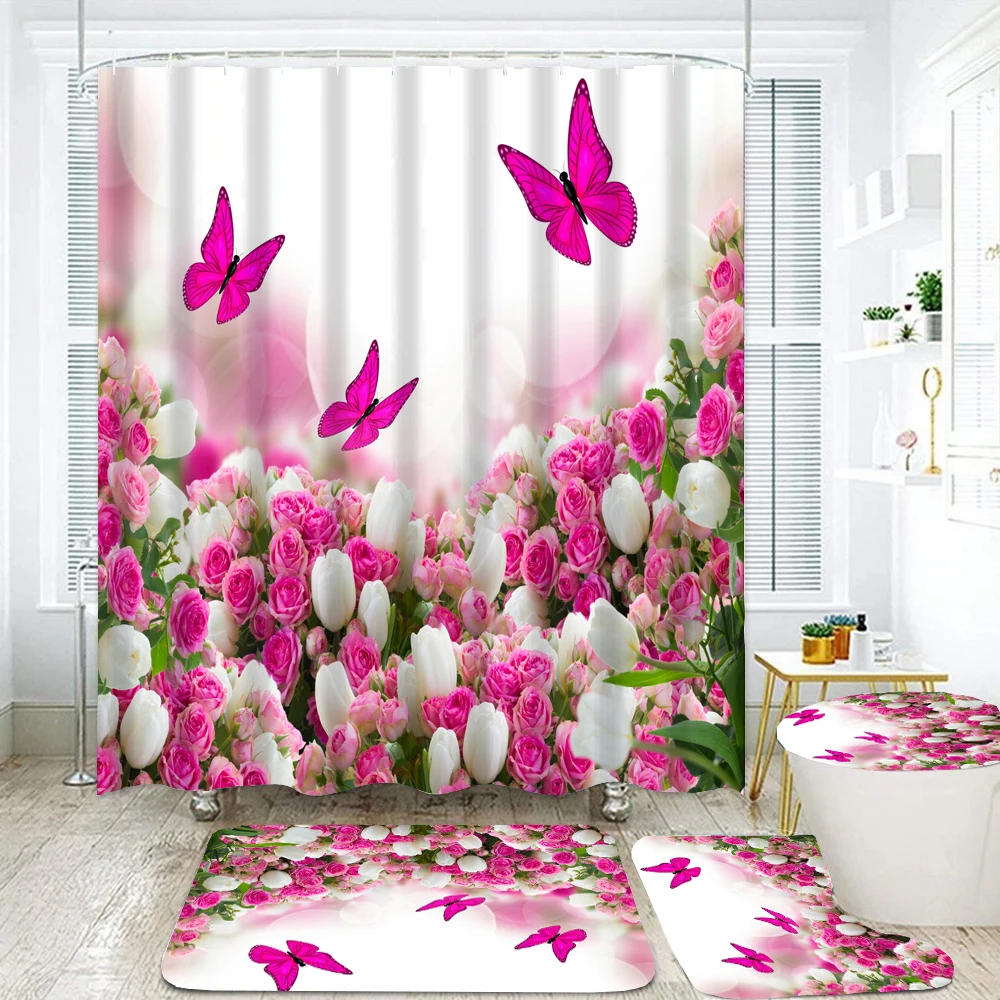 Flowers Butterfly Print Shower Curtains 4 Piece Carpet Toilet Cover Bath Mat Pad Set Bathroom Curtain with 12 Hooks Home Decor