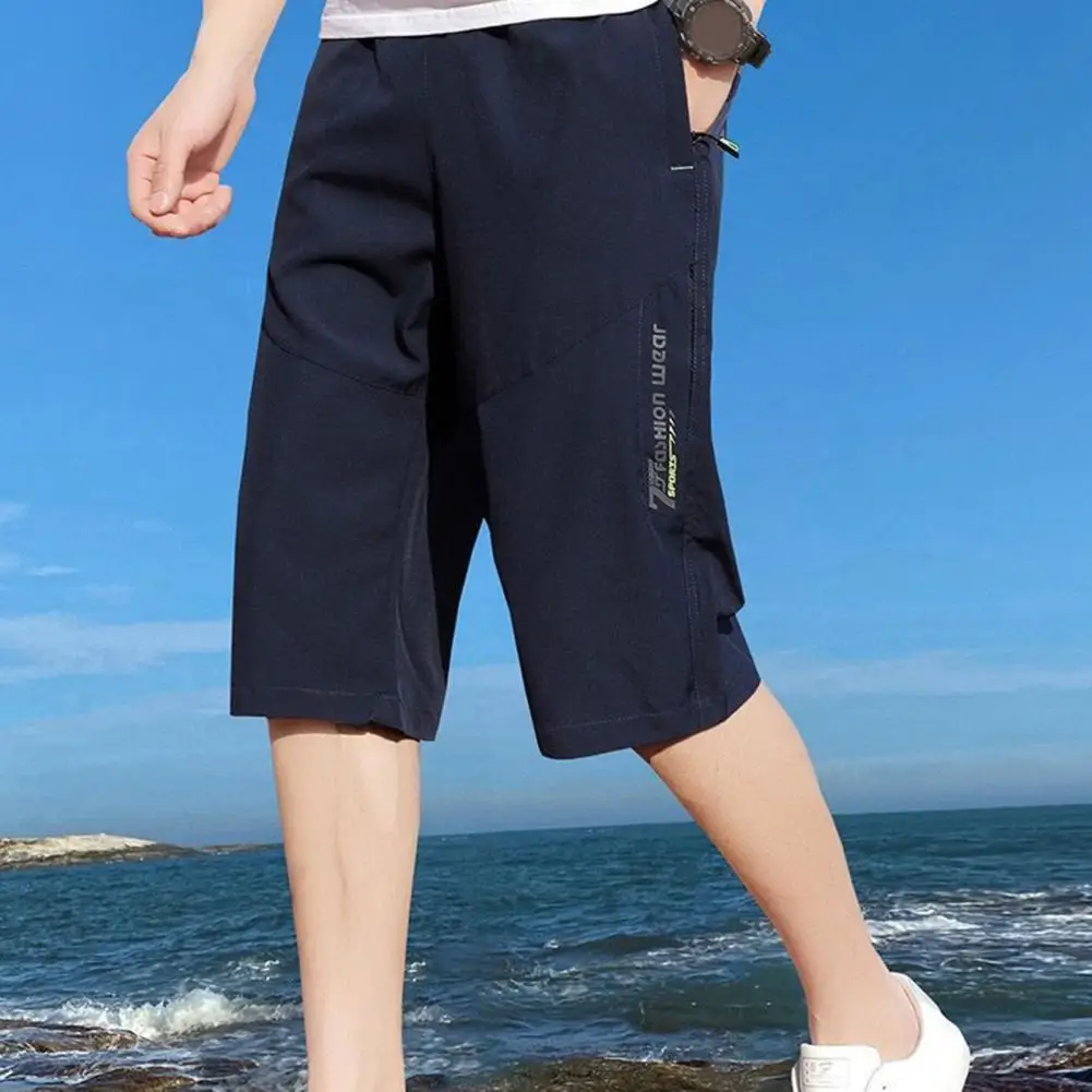 Summer Thin Ice Silk Shorts Men Mid-calf Cropped Pants Elastic Waist Loose Zipper Pockets Men Casual Pants Summer Sports Pants