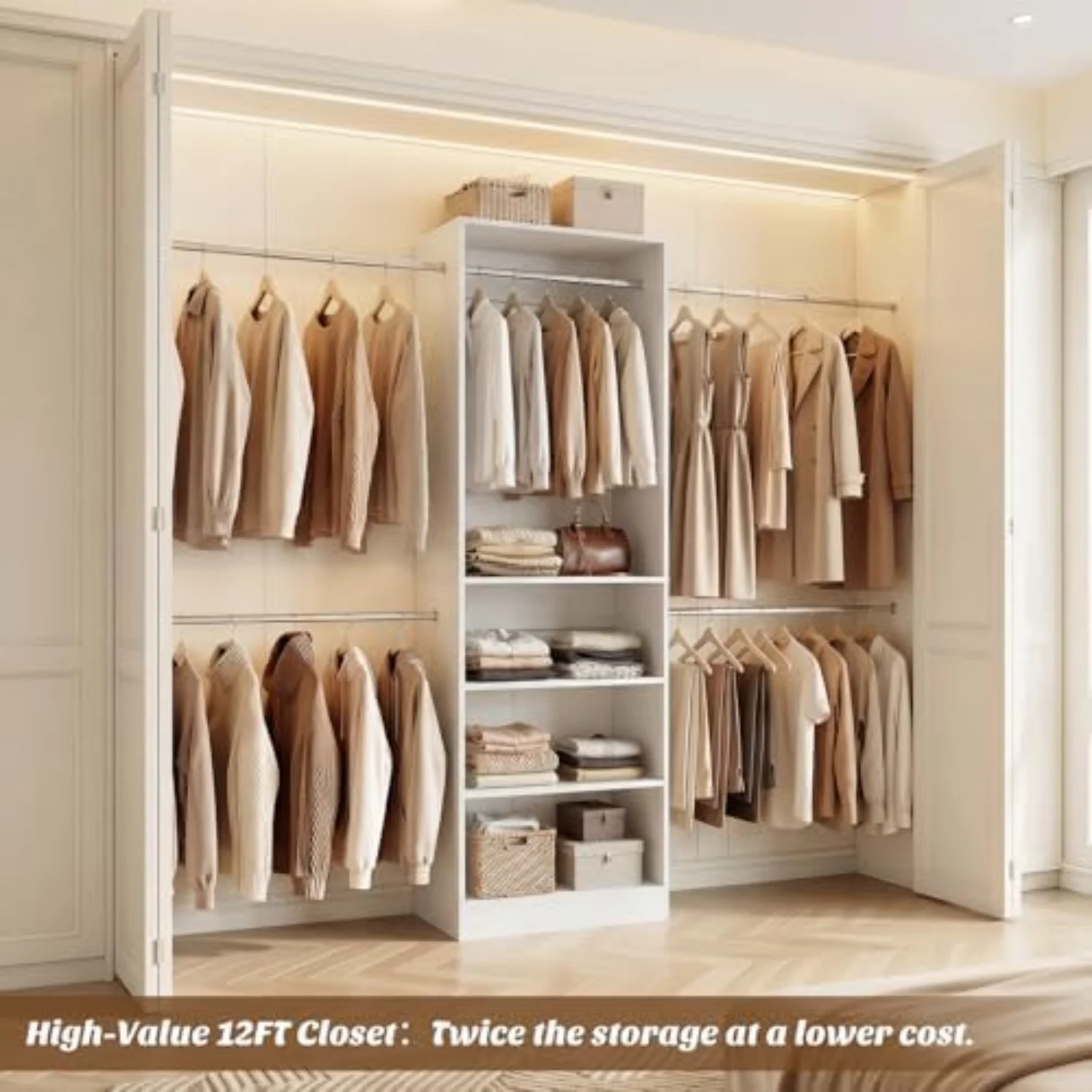 12FT Large Open Closet System, 138'' Wall-Mounted Closet Shelving with 5 Hanging Rods and 6 Shelves, Customizable image 3