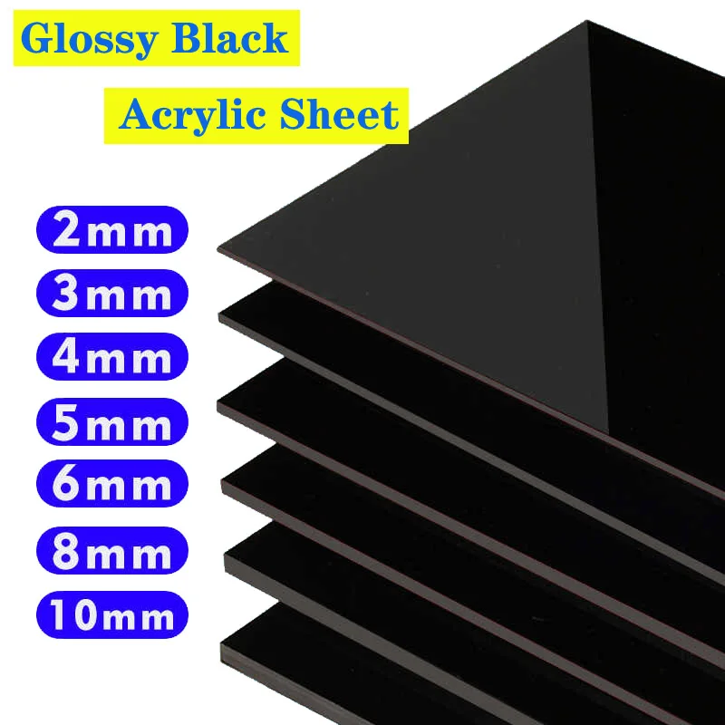 Folha acrílica preta brilhante dupla face, grossa 2mm-10mm, placa de vidro orgânico, placa pmma 100x100 ~ 300x300mm, personalizável em qualquer tamanho