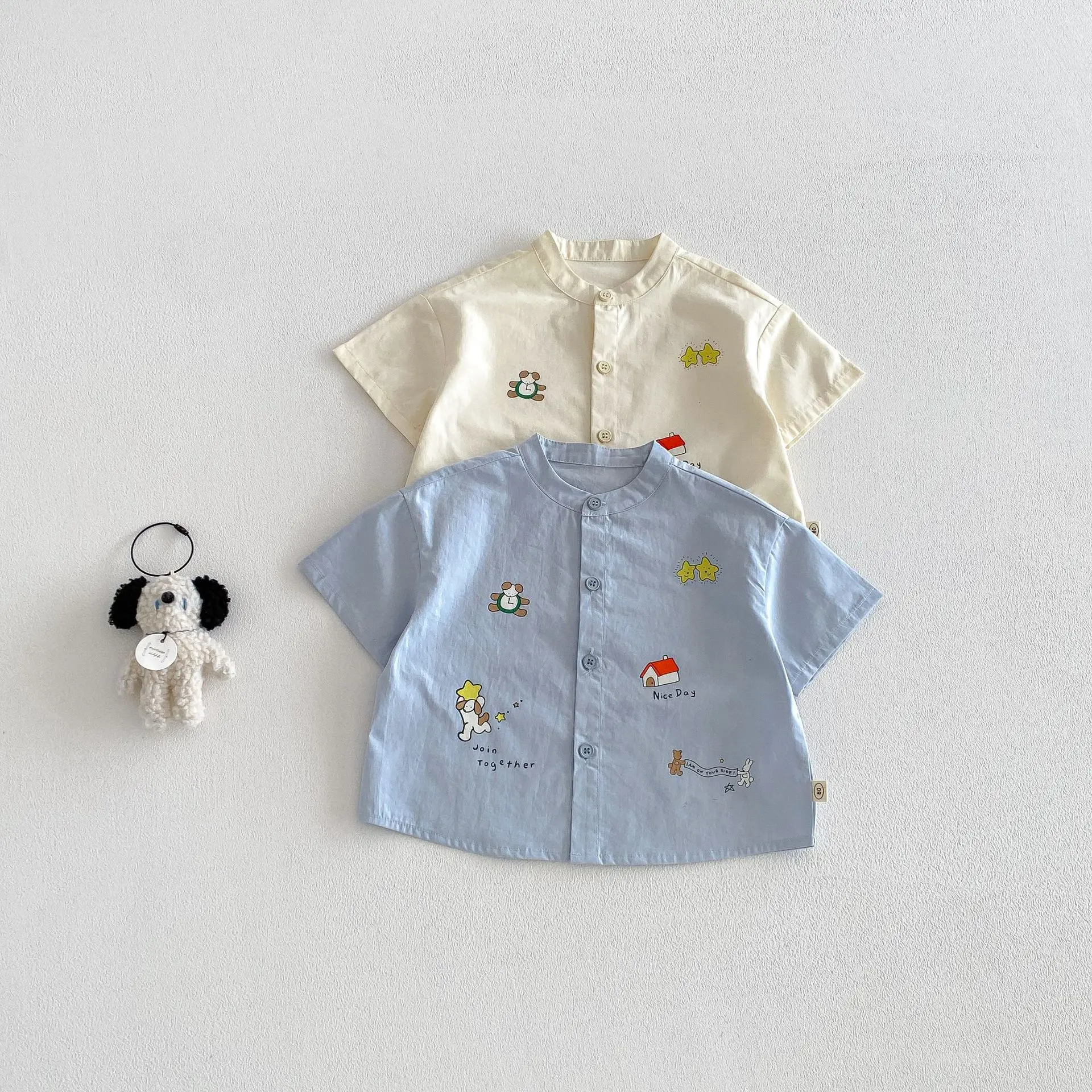 2026 Summer 6M-5Y Childrens Clothes Pure-color Cartoon Print Shirt Stand Collar Loose-fitting Boys Shirt With Striped Shorts