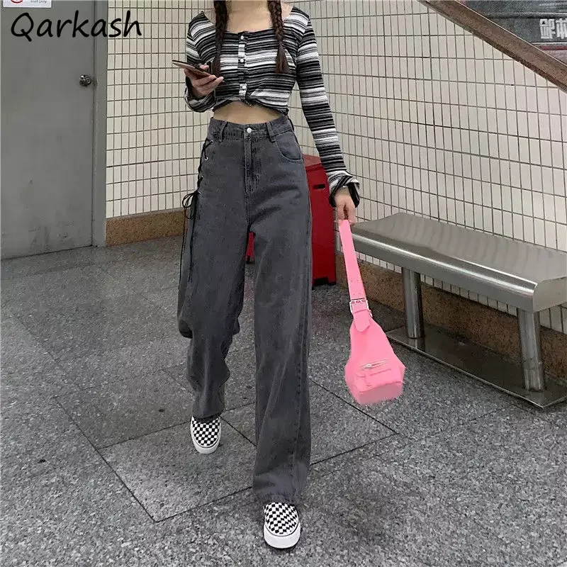 

Gray Jeans Women High Waist Lace-up Design Korean Fashion Streetwear Loose Fit Vaqueros Spring Casual Y2k Streetwear Stylish