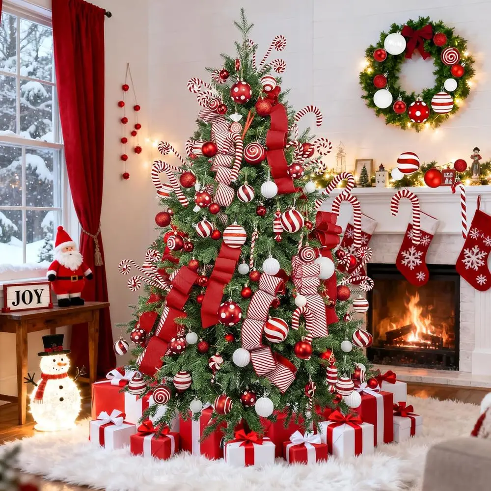 Conjunto de enfeites de árvore de Natal com tema de bastão de doces de 88 peças com pirulito, fita e bolas inquebráveis para decoração festiva de férias