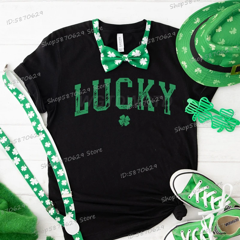 Women St Patrick's Day T-shirt Funny Lucky Letter Graphic Green Clover Shirt Short Sleeve Round Neck Tee St Patrick's Day Tshirt