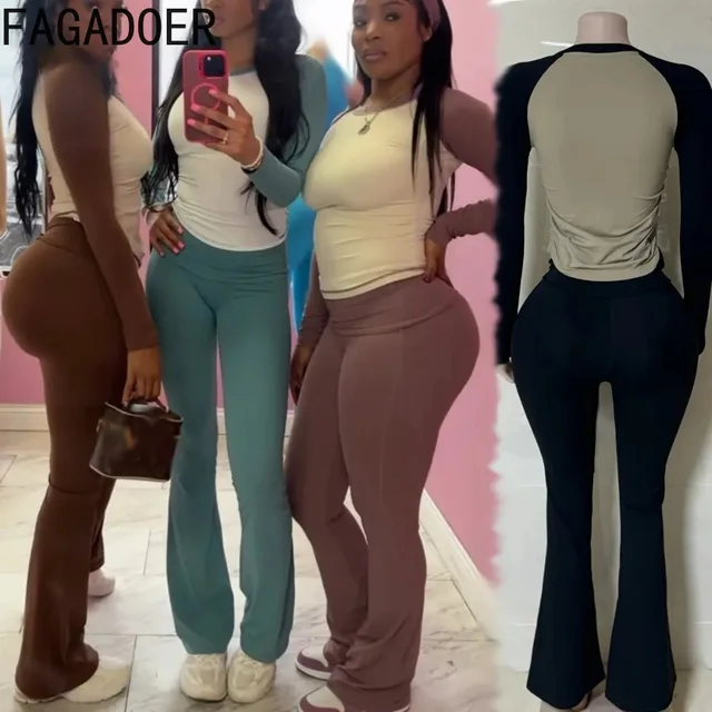 FAGADOER Sportowy 2-częściowy zestaw damski Casual Color Blocks Ruched Patchwork Crop Top i Flare Pants Garnitury Odzież codzienna