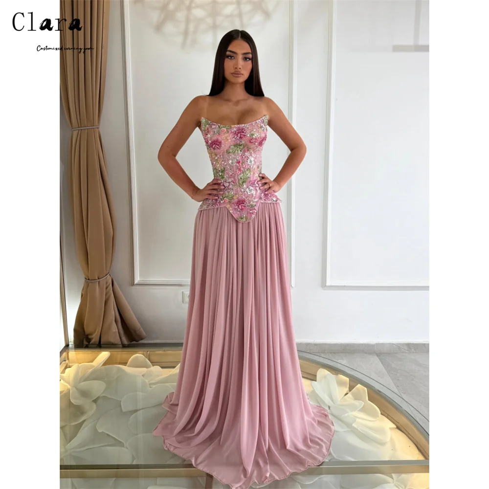 Clara Maßgeschneidertes A-Linien-Kleid in Rosa mit Spitze Ärmellos 2026 Damenkleider für Hochzeitsfeier Luxuriöse Abendkleider 2026 Damen-Abendkleid für Bälle