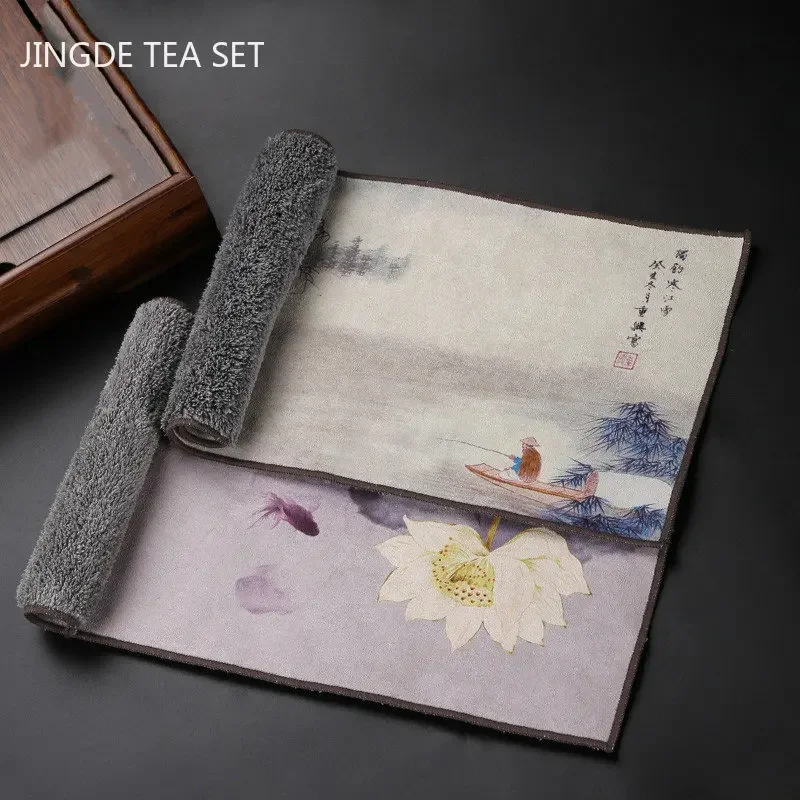 Painted Lotus Zen Tea Towel Upscale Tea Set Absorbent Towel Thickened Plush Cloth Tea Table Cleaning Rag Teapot Pad Accessories