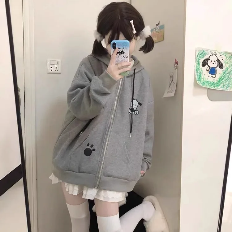 Japanese Kawaii Dog Ears Hoodie Sweatshirt 2024 Autumn New Loose Zipper Tops Women Y2k E-Girl Long Sleeve Thin Sweatshirts