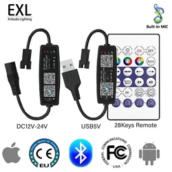 Bluetooth LED Controller 28Keys Smart Built-in MIC With Remote for WS2812 WS2811 SK6812 Pixel LED Strip Light DC12-24V USB5V