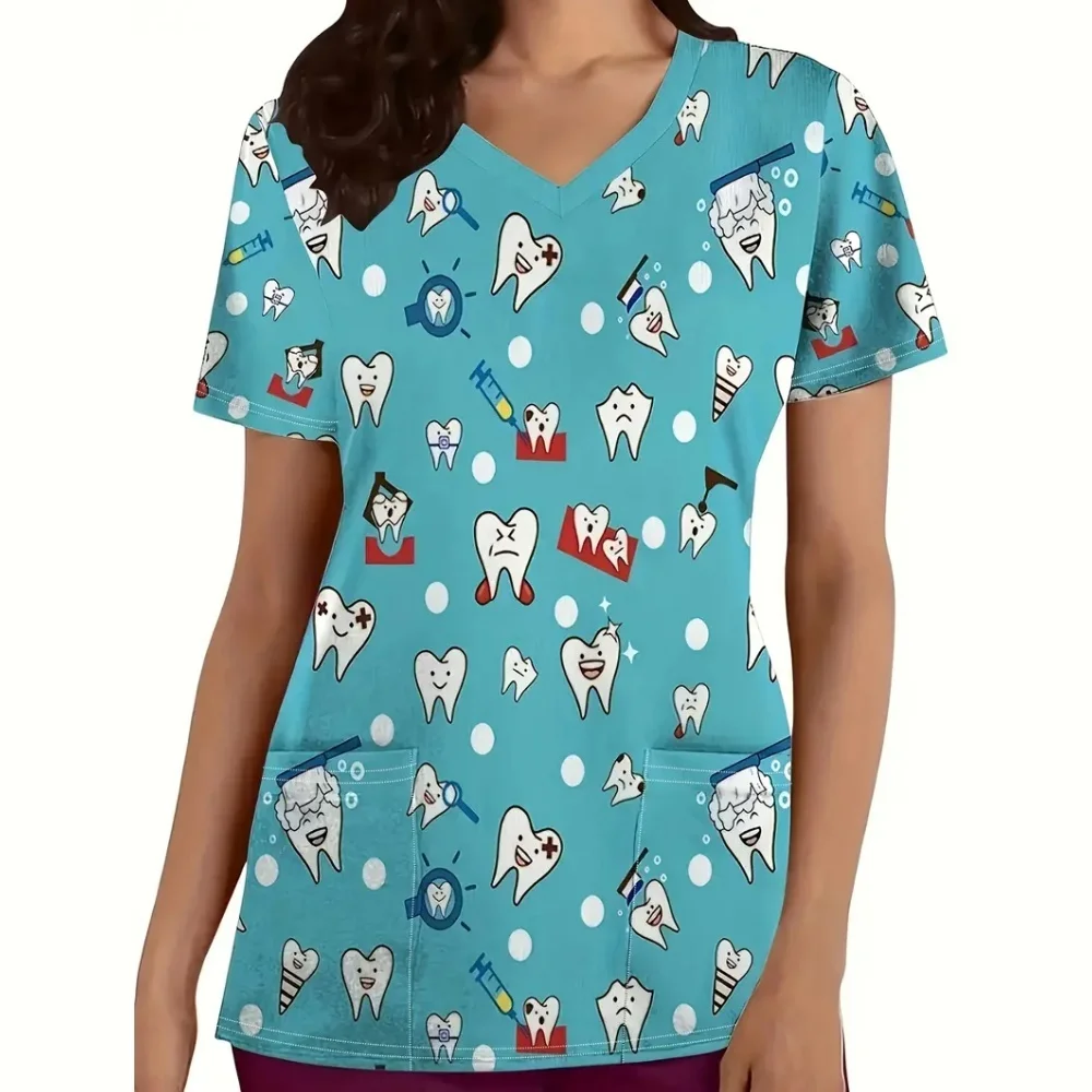 

Clinical Uniform Woman Tooth Cartoon Print Microelastic V-Neck Dental Women's Scrub Fashion Short Sleeve Tops Surgical Uniforms