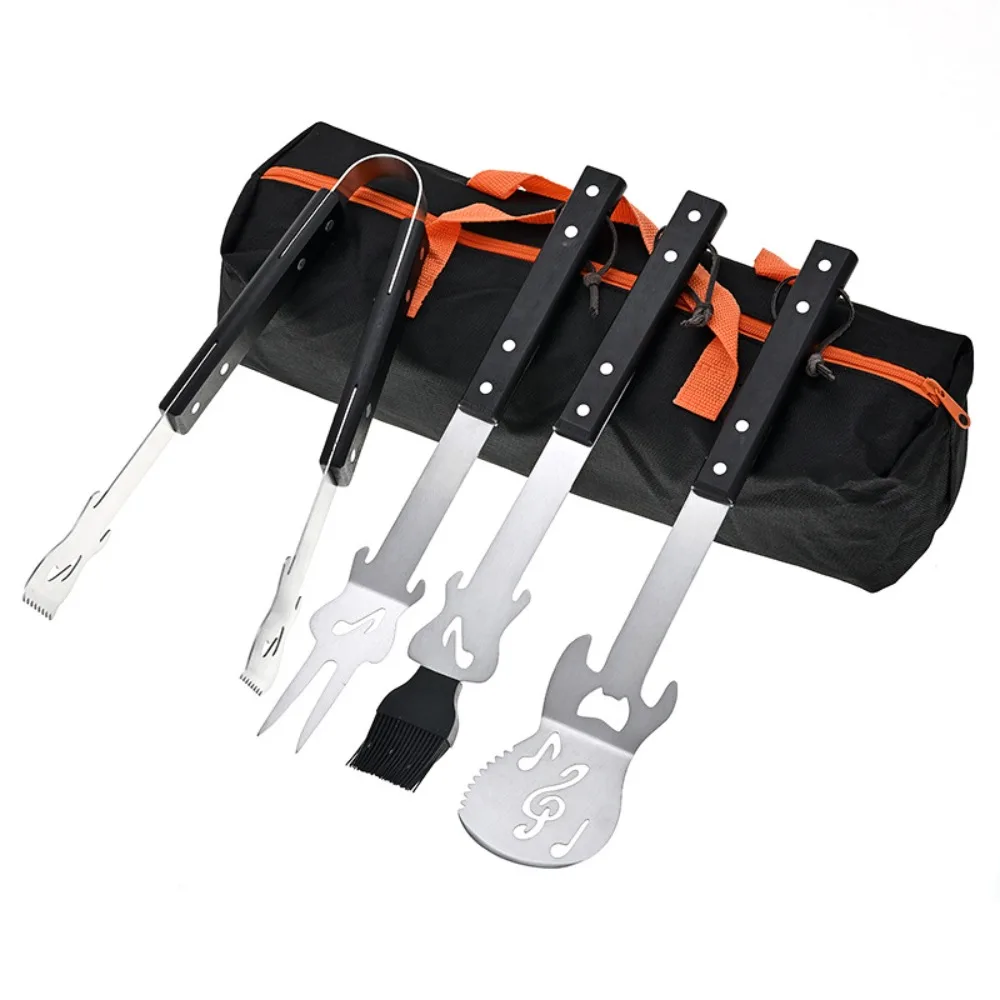 

Stainless Steel Grilling Tool Set Wooden Handle Combination BBQ Shovel Fork Clamp with Storage Bag Comfortable Grip