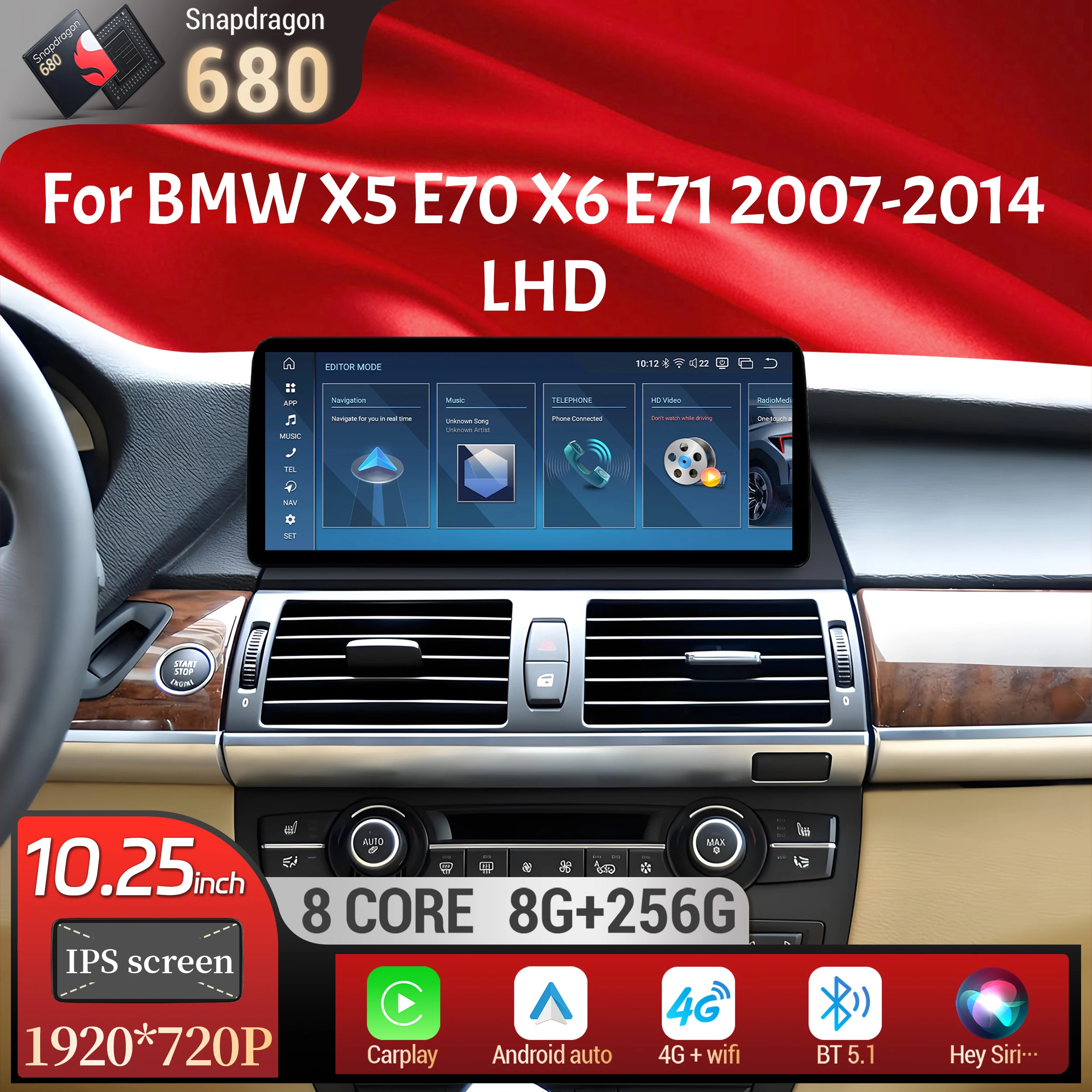 

10.25 inch Left Hand Drive Android 14 For BMW X5 E70 X6 E71 2007-2014 Car Radio Wireless BT Carplay Snapdragon 680 Touch Screen