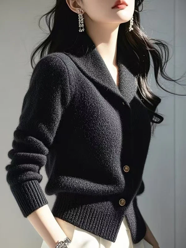 

Ele Bla Knitted Cardigan Women's Base Layer irt Turn-down Collar Sle Regular Fit Long Sve Warmth Clothing