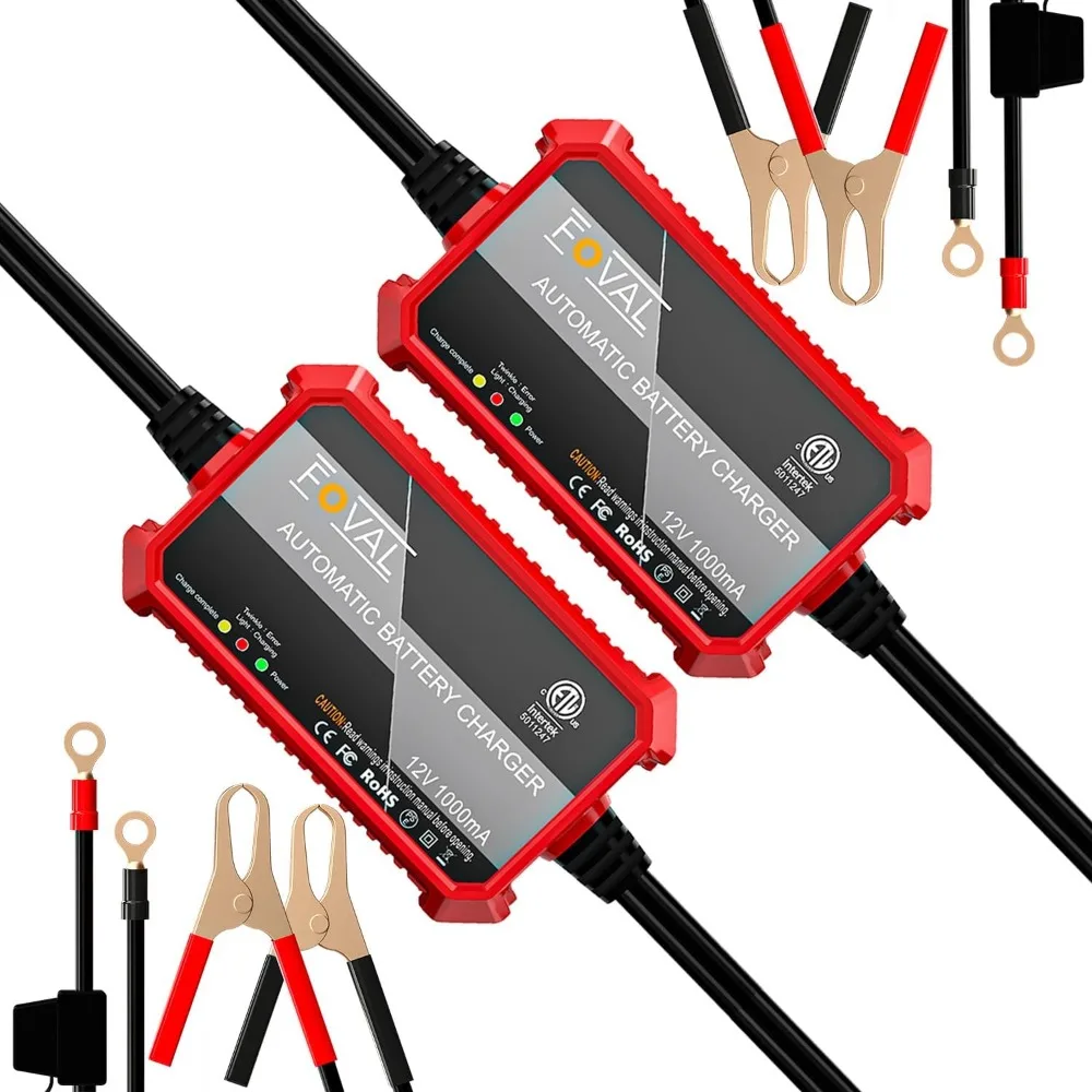 [عبوة من قطعتين] شاحن هزيلة أوتوماتيكي بالكامل، شاحن بطارية السيارة الذكية 1000 مللي أمبير 12 فولت، صيانة البطارية، شاحن عائم للموتو