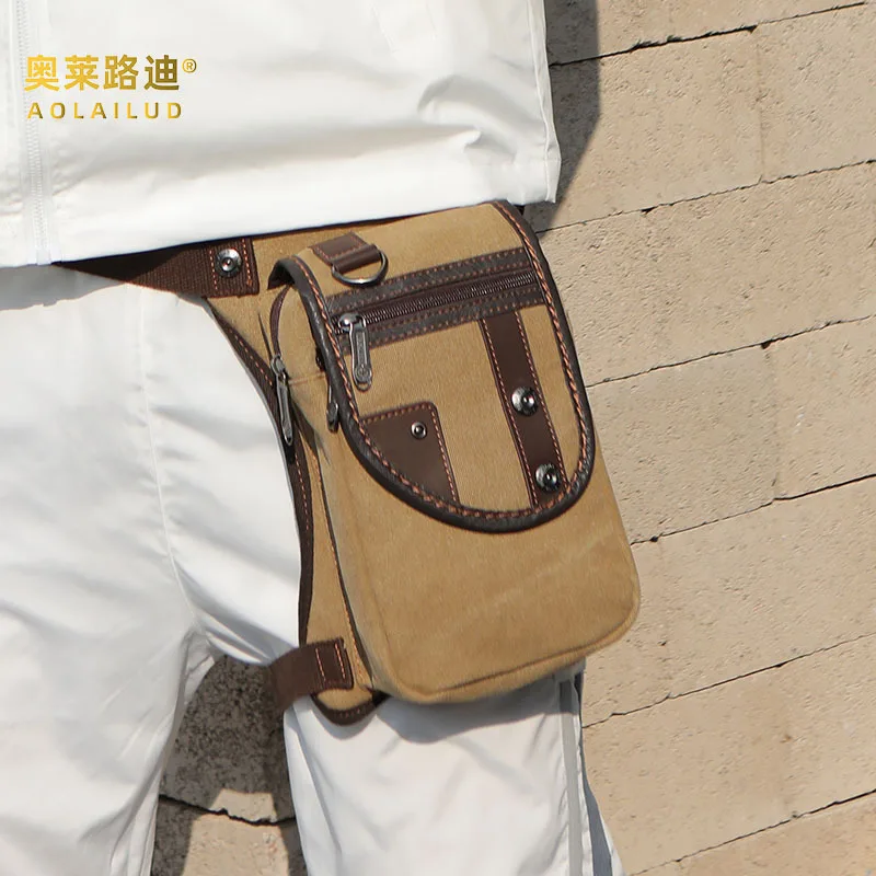 Canvas and leather spliced casual leg bag, square zipper, wear-resistant flip cover, multi-functional crossbody bag for men