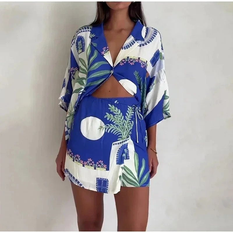 

Casual Printed Single Breasted Shirt Skirt Suits Women Lapel Single Breasted Shirt Lace Up Shorts Suit Female Lady 2 Piece Sets