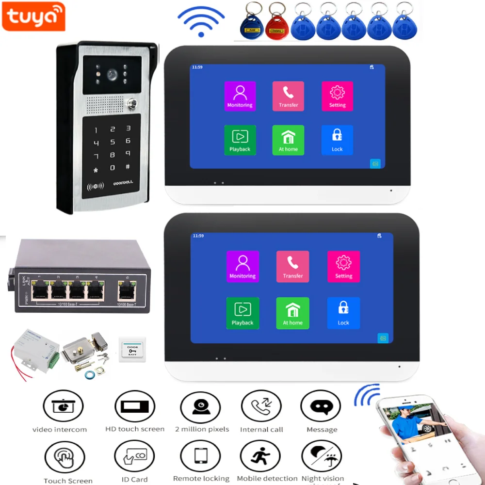 

WIFI IP Video Intercom Tuya Smart APP Electric Lock Control Camera Video Door Phone With POE Switch Password RFID Audio Doorbell