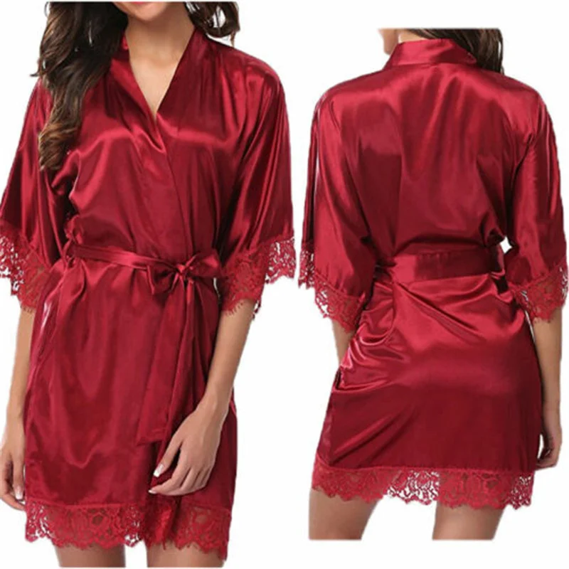 Women Sexy Robes Silk Satin Poplin Lace Robes Ladies Wedding Bridesmaid Bride Gown Kimono Solid Robe Bathrobe Sleepwear