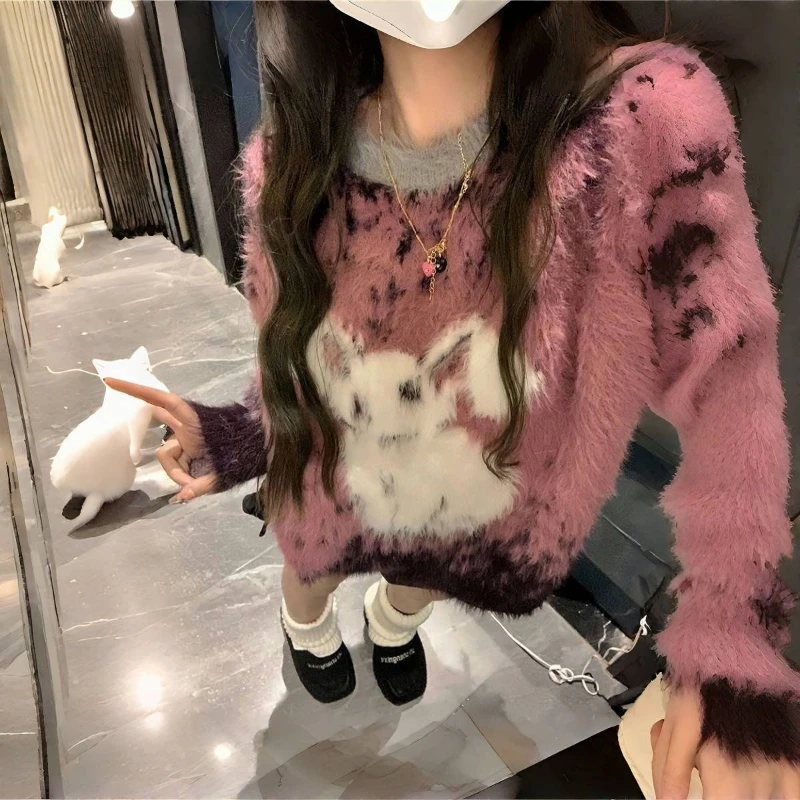 

Japanese Kawaii Long Sleeve Sweater Women Casual Pink Knitwear Pullover Korean Slim Sweet Rabbit Embroidery O-Neck Spring Autumn