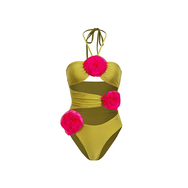 Traje de baño de una pieza con falda halter para mujer, body sexy con flor 3D, ropa de playa, traje de playa de vacaciones, lujo