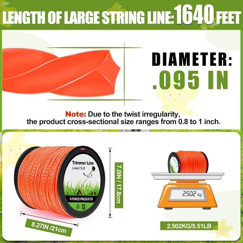 EAONE 1640 FT Weed Eater String 0.095” String Trimmer Line in Spool 5 LB Weed Wacker String Heavy Duty Orange Twisted Shape