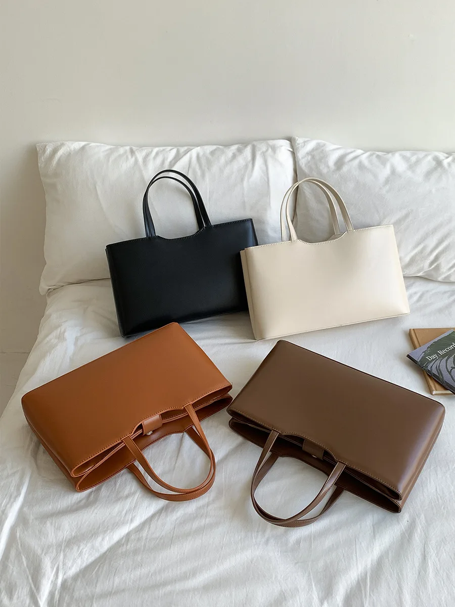 

Элегантная минималистичная однотонная большая сумка-тоут из искусственной кожи большой емкости для женщин, высококачественная модная сумка для повседневного использования