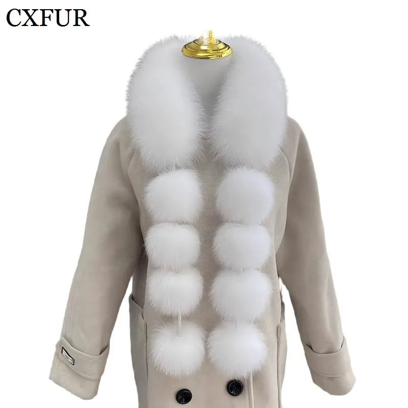 

CX-S-07 Women's White Furry Neck Warmer Real Fox Fur Scarf with Pom Poms