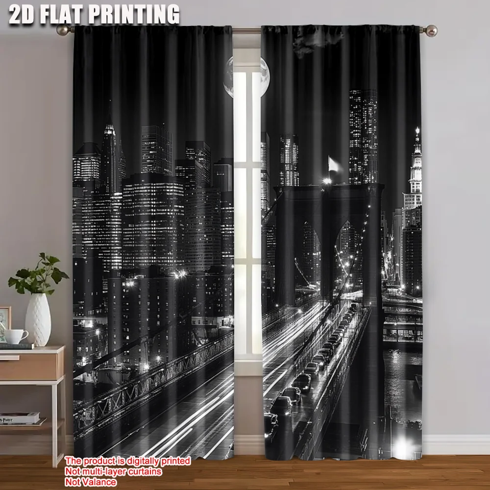 2 Stück 2D-Flachdruck-Vorhang Brooklyn Bridge Night Skyline Maschinenwaschbarer Stoff ohne Strom Familienparty Perfekt für