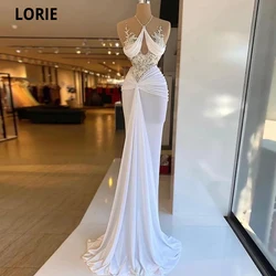 LORIE White Chiffon Mermaid Prom Dresses Lace Sexy Arabic Aso Ebi Evening Party Gowns Sleeveless Court Train Robes De Soirée