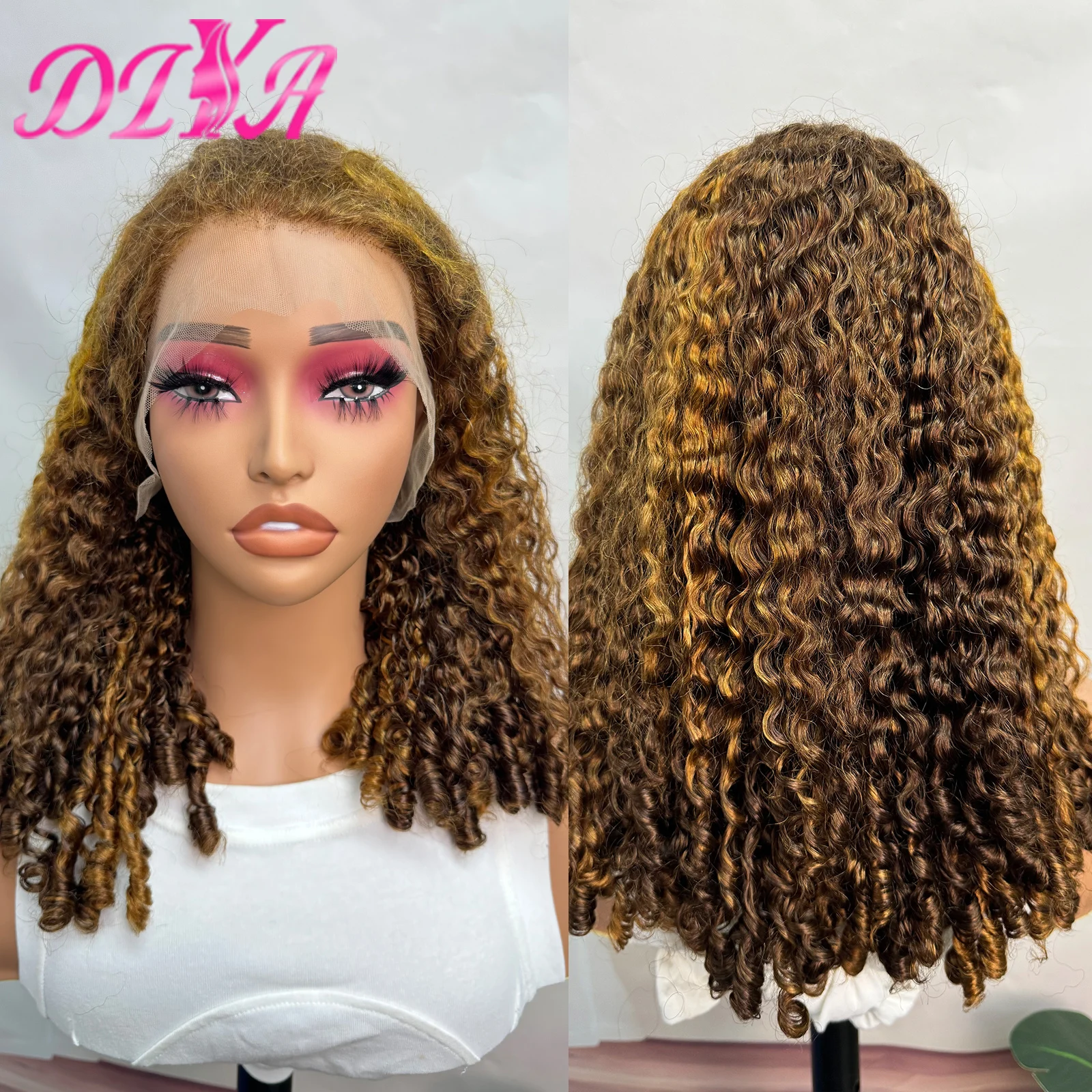 

Honey Blonde Highlight Piano Color 13x4 Lace Frontal Curly Wave Human Hair Wig for Women 250% Density Double Drawn Bouncy Wigs