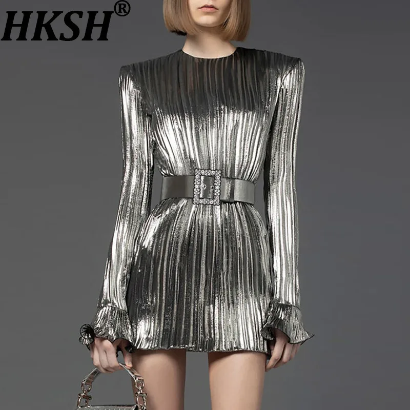 HKSH Autumn New Women Chic Dress Long Sleeve O-neck Belt Fashion Urban Techwear Punk Trendy Ins Silver Short Gown Dresses HK8211
