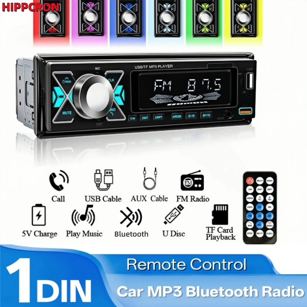 Radio MP3 para Auto HIPPCRON 1 Din, Reproductor Digital para Auto con 7 Luces de Colores, Estéreo Universal para Auto con Radio FM y Control Remoto