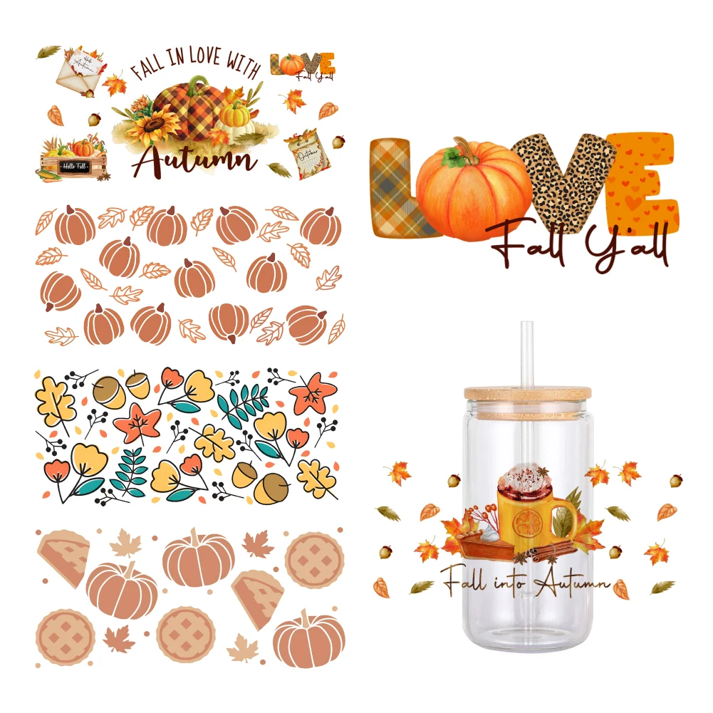 Maple Leaves Autumn Oranger Pattern UV DTF Transfer Sticker Waterproof Transfers Decals For 16oz Glass Cup Wrap Stickers