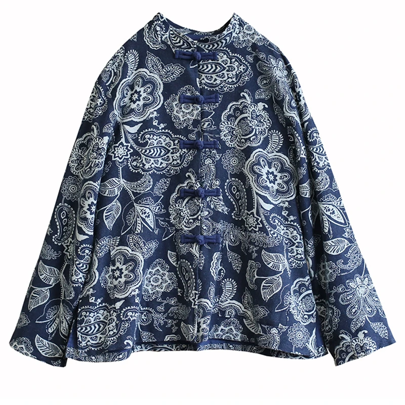 2025 New Arrival Spring Women Good Quality Cotton Linen Outerwear & Coats Loose Casual Print O-neck Single Breasted Jackets Y168