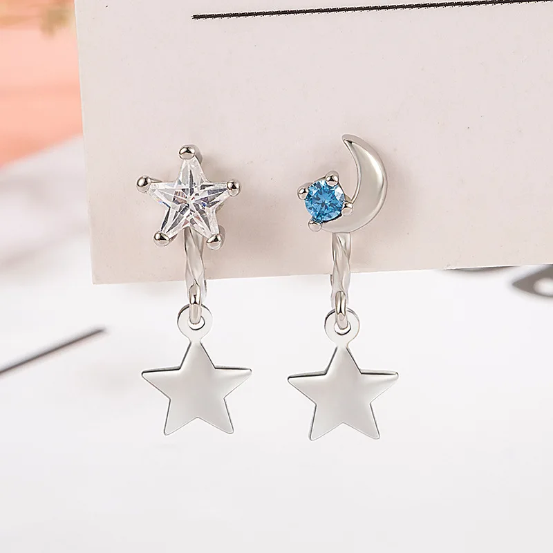 An asymmetrical 925 silver star ear clip is specially designed for women's fashionable party moon-shaped jewelry without piercin