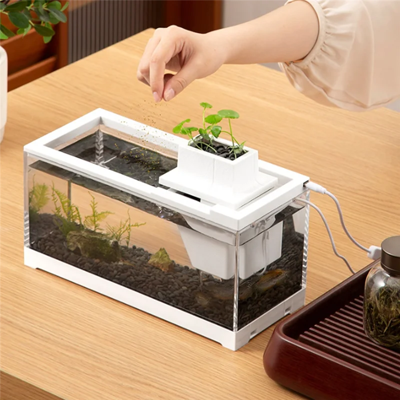 ABZV-Desktop Aquarium Fish Tank LED Lighting Silent Filter Feeding Aquarium For Office And Home