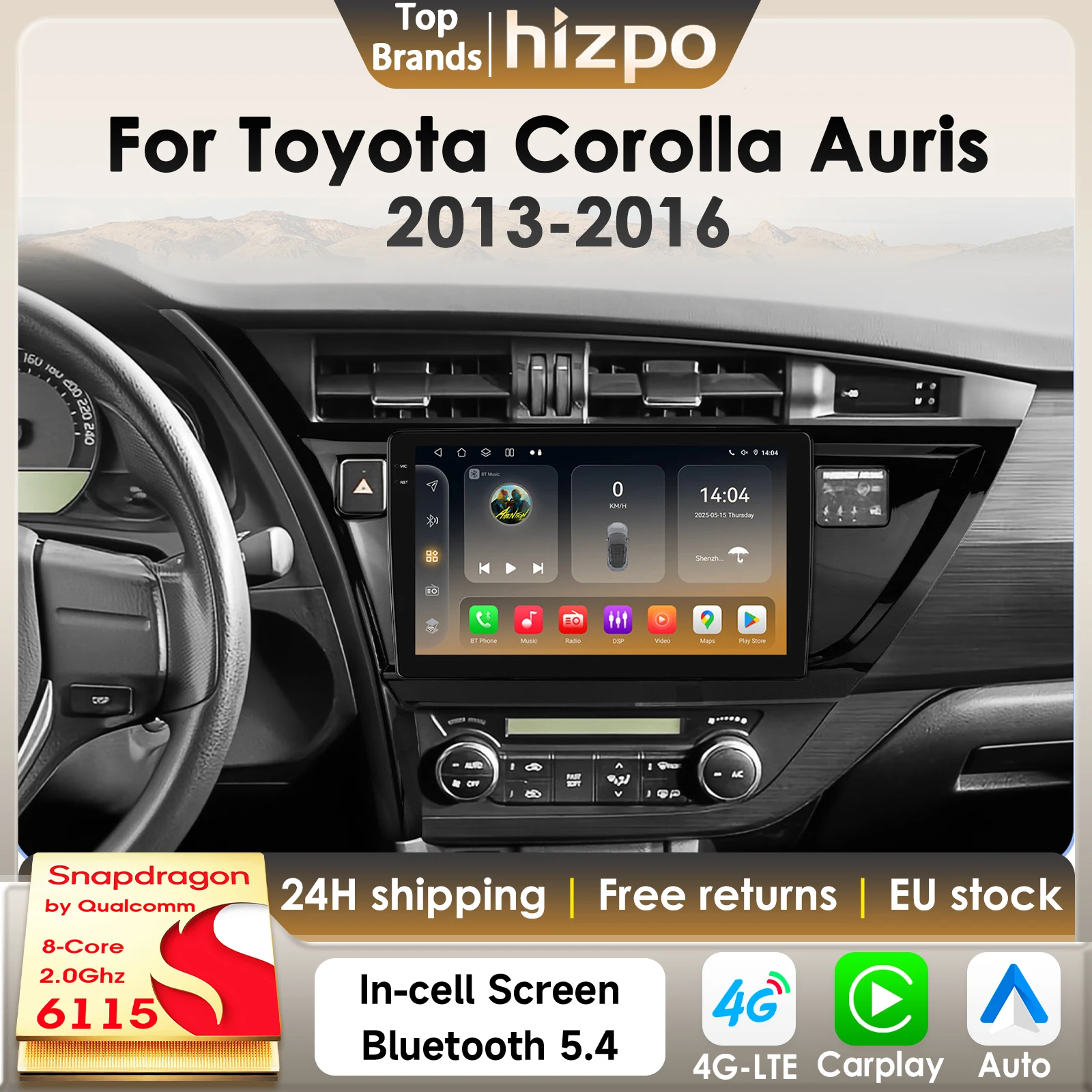Hizpo 8Core 2Din Lettore GPS multimediale per auto Android per Toyota Corolla Auris 2013-2016 AI Carplay 4G 360Camera di Snapdragon6115