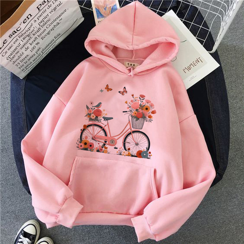 Choose To Be Grateful Floral Bike Printed Fall Winter Hoodies Clothes Women's Graphic Hooded Vintage Y2k Sweatshirts Pullovers 