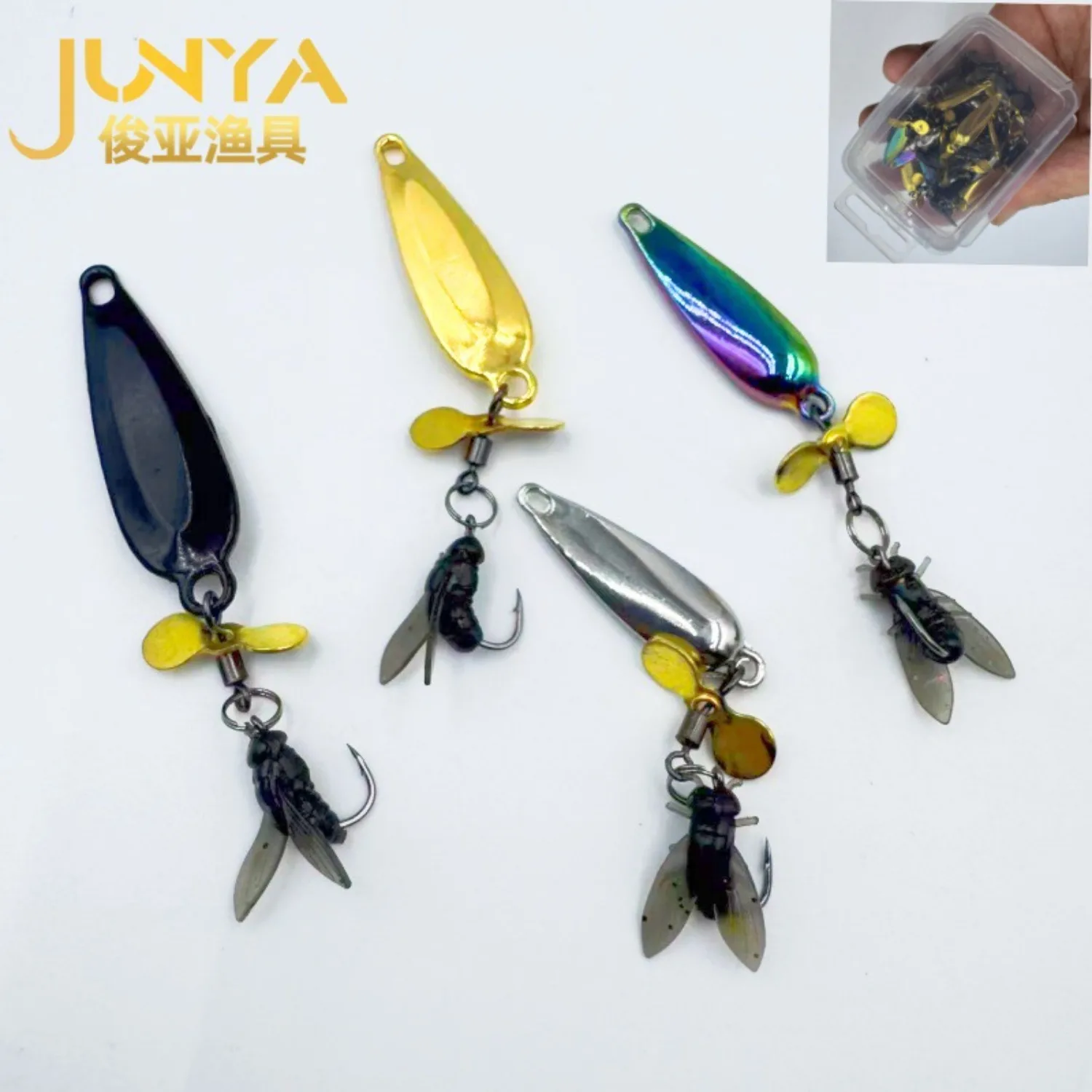 Dual Attraction Spoon Fly Spinner Baits, Reflective Metal Blade with Rotating Paddle & Imitation Bug Hook, All Water Micro Lures Bulk Pack With Storage Box