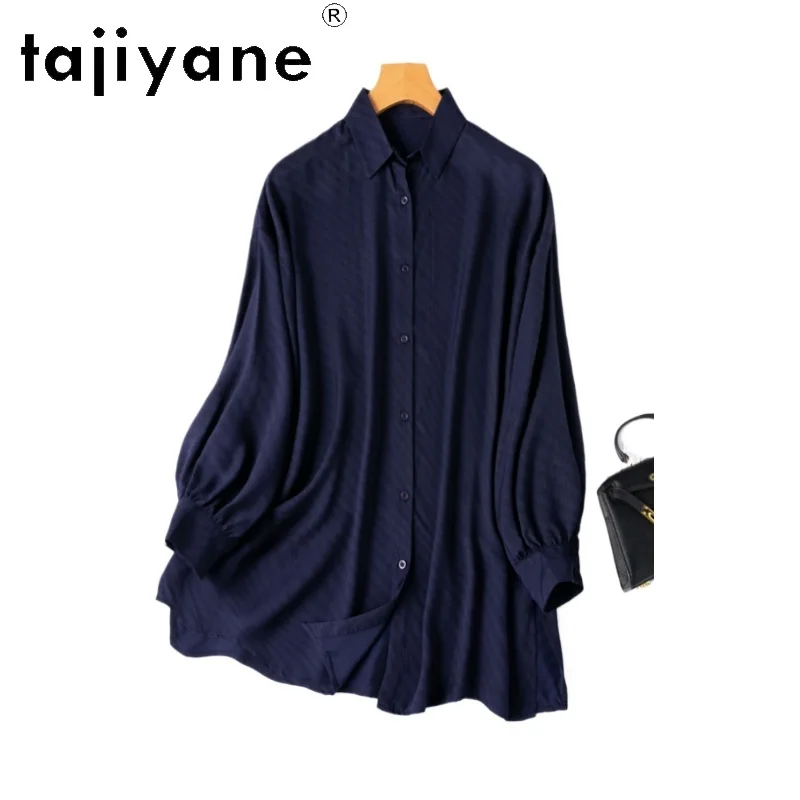 

TAJIYANE 100% Mulberry Silk Blouse Oversized Mid Length Shirts Woman Navy Blue Summer Tops 2025 Ladies Clothes Рубашка Женская