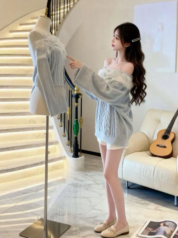 

Korean Sle Lazy Chic off oulder Loose Sweater Beautiful Unique Top for Small Stature Anti Aging Trendy Knittedwear