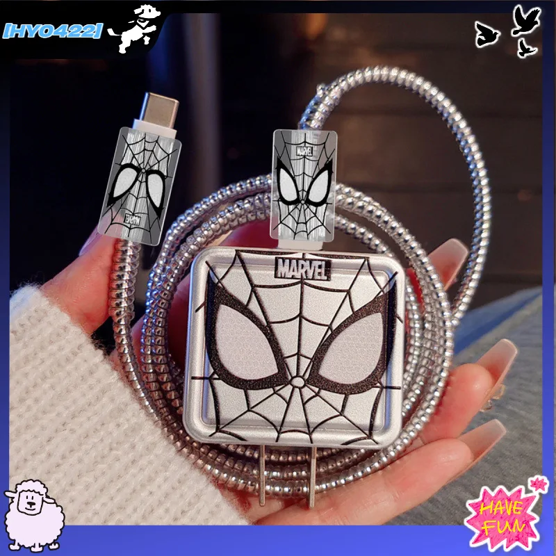 

New 20W Spider Man Charger Cable Protector Set Anti Breakage Cover For Apple Phone 14 15 Pro Max Data Line Charger Head Guard
