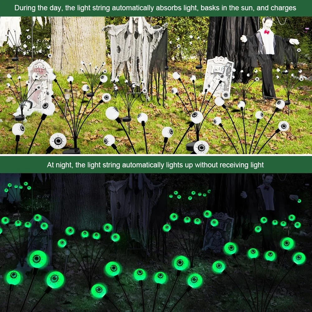 Solar Garden Light Last Up To 20H Halloween Decor Green Eyeball Swaying Firefly Light IP65 Waterproof Halloween Party Decoration