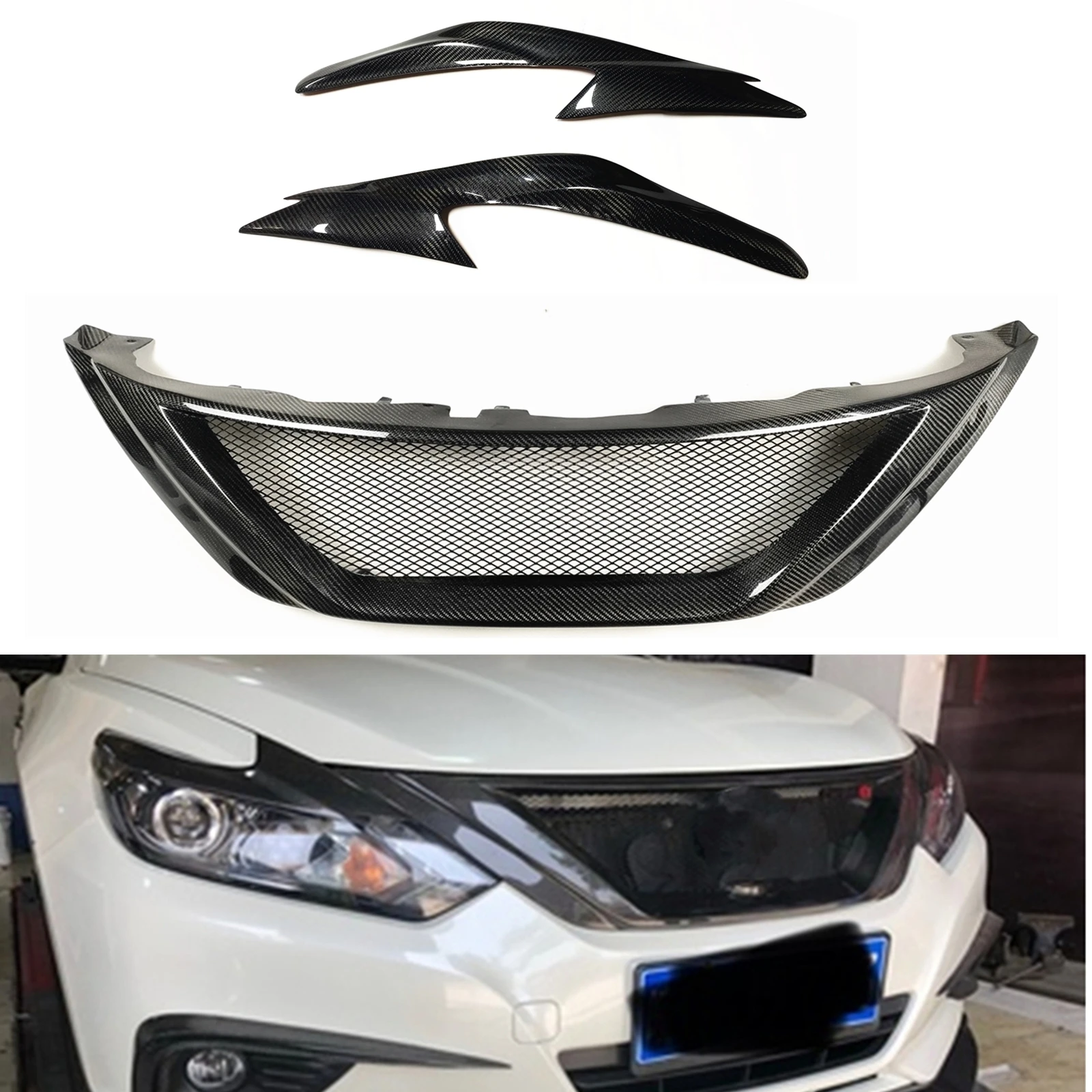 

For Nissan Teana Altima 2016-2018 Carbon Fiber Front Grille Grill+Headlight Eyebrow Headlamp Eyelid Head Lamp Light Cover Trim